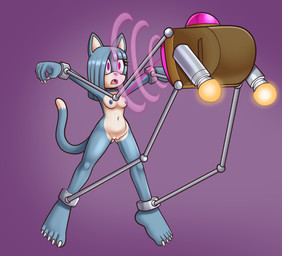 anthro bdsm bondage bound breasts claws feet female genitals humanoid_feet hypnosis hypnotic_screen machine mind_control multicolored_body nipples nude nude_female plantigrade simple_background submissive submissive_anthro submissive_female two_tone_body vulva fourssss fan_character rime_the_cat domestic_cat felid feline felis mammal robot 2025 digital_drawing_(artwork) digital_media_(artwork) hi_res