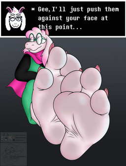 3_toes anthro barefoot black_clothing black_topwear claws clothing dialogue dialogue_box eyewear feet foot_fetish foot_focus glasses green_clothing green_eyewear green_glasses green_topwear horn humanoid_feet looking_at_viewer male one_eye_closed pink_claws pink_eyes pink_horn pink_scarf plantigrade scarf sitting soles solo text toes topwear wearing_glasses wink wrinkled_feet wrinkles coyocislav skonczonyidiota deltarune undertale_(series) ralsei bovid caprine darkner goat mammal english_text hi_res