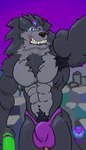 abs anthro armpit_hair big_muscles body_hair bulge city clothing grin holding_viewer looking_at_viewer macro male muscular pubes smile solo speedo swimwear train vehicle seinki canid canine canis deity mammal wolf absurd_res hi_res