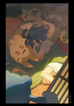 ambiguous_gender anthro black_hair blue_body brown_body brown_fur button_(fastener) button_eyes electronics feral fur group hair male multicolored_body open_mouth paws photo plant plushie radio red_body sleeping striped_body striped_fur stripes tan_body tan_fur two_tone_body lanjiujiu nintendo pokemon kieran_(pokemon) applin dipplin elemental_creature flora_fauna furret generation_1_pokemon generation_2_pokemon generation_8_pokemon generation_9_pokemon human mammal pokemon_(species) poliwhirl sentret 2024 hi_res signature
