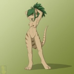 anthro biped breasts female genitals green_eyes green_hair hair looking_back markings navel nipples nude pussy raised_arm ring_(marking) ringed_tail solo standing striped_markings striped_tail stripes tail tail_markings nateday talia_(kepora) dasyuromorph mammal marsupial recently_extinct_species thylacine 1:1 2010 hi_res