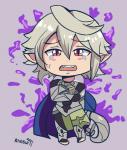 ambiguous_gender armor barefoot biped blue_cape blue_clothing blush bodily_fluids cape chibi clothing crying feet grey_hair hair humanoid_pointy_ears not_furry open_mouth pointy_ears red_eyes solo tears tongue karbuitt fire_emblem fire_emblem_fates nintendo corrin corrin_(fire_emblem)_(male) humanoid hi_res