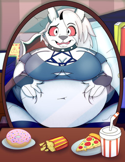 anthro belly big_belly big_breasts breasts clothed clothing female fur hair mirror obese open_mouth overweight overweight_anthro overweight_female reflection simple_background solo thick_thighs weight_gain white_body white_fur itzimiau hellaverse helluva_boss mythology loona_(helluva_boss) canid canid_demon canine demon hellhound mammal mythological_canine mythological_creature absurd_res hi_res