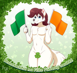 anthro black_pawpads blue_eyes convenient_censorship femboy flag flag_(object) fur green_flag hair hand_pawpads happy holding_flag holding_object holidays irish_flag leaf leaf_censor looking_at_viewer male navel nude orange_flag pawpads red_hair shamrock smile smiling_at_viewer solo text white_body white_fur aarondrawsarts st._patrick's_day aaron_moonfang canid canine canis mammal wolf absurd_res hi_res irish_text signature