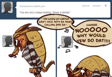 angry annoyed anthro brown_body brown_skin buckteeth dialogue holding_head long_ears male musical_note musical_symbol open_mouth pivoted_ears prison_uniform prisoner scales sharp_teeth simple_background solo speech_bubble symbol tail tan_body tan_scales teeth text tongue tumblr_ask white_background stormful sly_cooper_(series) sony_corporation sony_interactive_entertainment sucker_punch_productions toothpick_(sly_cooper) armadillo mammal xenarthran 2013 english_text