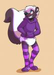 anthro biped black_body black_fur black_nose blue_body blue_fur blush clothed clothing diaper embarrassed eyebrows fur hair hoodie legwear male open_mouth solo standing striped_body striped_fur stripes teeth thigh_highs topwear wearing_diaper white_body white_fur myoti skunky mammal mephitid skunk hi_res