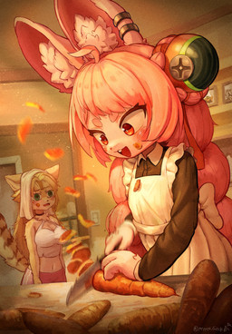 ahoge anthro big_breasts braided_pigtails breasts carrot clothed clothed_anthro clothed_female clothing duo ear_piercing ear_ring female fingers flat_chested food fully_clothed fully_clothed_anthro fully_clothed_female fur hair inner_ear_fluff inside knife maid_uniform midriff navel piercing pink_body pink_fur pink_hair plant red_eyes ring_piercing tuft uniform vegetable peppergecko72 mihoyo zenless_zone_zero pulchra_fellini zhao_(zenless_zone_zero) domestic_cat felid feline felis lagomorph leporid mammal rabbit thiren 2026 absurd_res hi_res