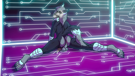 abstract_background anthro anus backsack balls big_butt black_body bodily_fluids butt countershading cybernetics fluffy fluffy_tail fur genital_fluids genitals glowing humanoid_genitalia humanoid_penis looking_at_viewer machine male nude pawpads paws penis precum presenting presenting_balls presenting_hindquarters screen screen_face smile smiling_at_viewer solo spread_legs spreading tail tongue tongue_out kimero_kat protogen 16:9 hi_res wallpaper widescreen