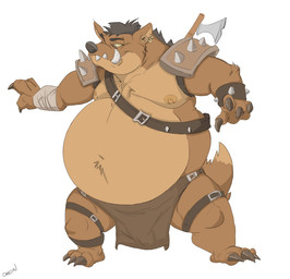 3_toes 4_fingers anthro axe bandage bandaged_arm belly belt big_belly bottomwear bracelet claws clothing ear_piercing ear_ring fangs feet fingers fur hair jewelry leg_belt legband loincloth male melee_weapon mostly_nude navel nipple_piercing nipples obese overweight overweight_anthro overweight_male piercing raised_tail ring_piercing shoulder_pads slightly_chubby slightly_chubby_anthro slightly_chubby_male solo spiked_bracelet spiked_shoulder_pads spikes spread_legs spreading standing tail teeth toe_claws toes weapon canson gnoll hyena mammal 2022 hi_res