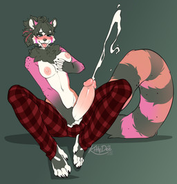 anthro areola balls big_penis biped blush bodily_fluids breasts bulge claws clothed clothed_anthro clothed_gynomorph clothed_intersex clothing countershade_torso countershading cum erection feet fingers front_view fur genital_fluids genitals gynomorph hair intersex masturbation navel nipples partially_clothed partially_clothed_anthro partially_clothed_gynomorph partially_clothed_intersex penile penile_masturbation penis sitting smile solo stripes tail teeth toes tongue topless topless_anthro topless_gynomorph topless_intersex white_balls white_breasts kittydee jade_(mintflavoreddragon) ailurid mammal red_panda 2026 digital_drawing_(artwork) digital_media_(artwork) hi_res