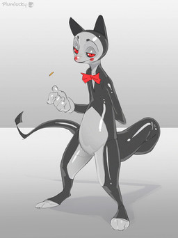 ambiguous_gender anthro belly black_body bow_tie clothing coin coin_flip glistening glistening_arms glistening_belly glistening_clothing glistening_eyes glistening_face glistening_gloves glistening_goo glistening_handwear glistening_tail glistening_thighs gloves handwear looking_at_viewer red_eyes red_nose shadow simple_background smile solo tail three-quarter_view white_body white_clothing white_gloves white_handwear plumlucky goo_creature latex_creature hi_res