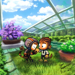 accessory amazing_background anthro arrow_(weapon) blush boots clothing detailed_background duo easter_egg feet footwear gloves grass handwear holidays kiss_on_hand kissing male male/male necktie plant quiver_(object) ranged_weapon shoes toony weapon sean_serpentine bloons_tower_defense easter ninja_kiwi benjamin_(bloons) quincy_(bloons) haplorhine mammal monkey primate 1:1 2023 absurd_res dated detailed hi_res