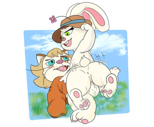 anthro anthro_on_anthro anthro_penetrated anthro_penetrating anthro_penetrating_anthro big_butt blonde_hair blue_clothing blue_eyes blue_hat blue_headwear blush border bottomless brown_clothing brown_hat brown_headwear buckteeth butt cartoon_freckles clothed clothing cowgirl_position duo eyelashes feet female female_penetrated freckled_face freckles from_front_position fur grass green_eyes hair hat hat_only headgear headgear_only headwear headwear_only interspecies long_eyelashes male male/female male_penetrating male_penetrating_female mostly_nude motion_lines on_bottom on_top orange_clothing orange_shirt orange_topwear pawpads penetration pink_inner_ear pink_pawpads plant power_bottom raised_arm sex shirt teeth topwear whisker_spots whiskers white_body white_border white_fur young young_anthro young_female young_male young_on_young sanispifo don_bluth rock-a-doodle edmond_(rock-a-doodle) minnie_rabbit domestic_cat felid feline felis lagomorph leporid mammal rabbit hi_res
