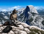 anthro backpack barefoot biped bottomwear clothed clothing cloud day detailed_background detailed_fur feet fur grass jewelry male mountain necklace outside pants plant sitting sky solo topless kippycube canid canine canis mammal wolf 2020 detailed signature