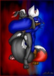 alternate_color anthro black_sclera blue_body blue_fur blue_renamon duo fur hug interspecies male markings open_mouth soft_vore tail tail_mouth unusual_anatomy unusual_tail vore white_body white_fur forceswerwolf zephyx_(artist) bandai_namco digimon fan_character skunkhase zephyx_(character) canid canine digimon_(species) mammal renamon artist_collaboration hi_res