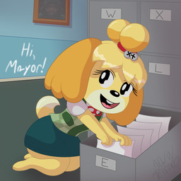 anthro bell bell_collar biped blue_bottomwear blue_clothing blue_skirt bottomwear bow_tie clothing collar detailed_background dialogue female filing_cabinet fingers fur green_clothing green_shirt green_topwear head_turned humanoid_hands inside leaning leaning_forward looking_at_viewer office open_mouth open_smile paper picture_frame red_bow_tie shirt skirt smile solo talking_to_viewer text topwear yellow_body yellow_fur alwinmeistro animal_crossing nintendo war_of_the_worlds_(film) isabelle_(animal_crossing) canid canine canis domestic_dog mammal shih_tzu toy_dog 1:1 absurd_res artist_name colored english_text full-length_portrait hi_res portrait shaded