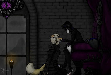 anthro armor barefoot boots candle candlelight chair claws clothed clothing crown curtains detailed_background digit_ring dominant dominant_male duo emperor evil_grin feet foot_focus footwear furniture grin headgear horn jewelry king knight legwear light lips love male male/male mountain pawpads plantigrade raining ring romantic royalty shoes small_horn smile submissive submissive_male thick_lips thigh_highs throne throne_room toe_claws toe_ring toes warrior vxserenade vexxus_(vxserenade) arctic_fox canid canine demon fox mammal true_fox hi_res