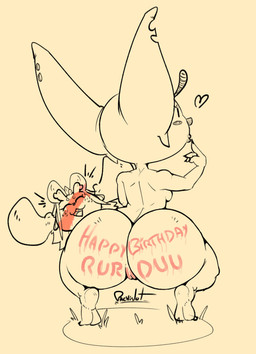 anthro antlers bareback barefoot beady_eyes big_butt big_ears birthday blush breasts butt camel_toe duo eyelashes feet female fur genitals happy_birthday heart_symbol horn huge_butt nude red_nose shortstack side_boob simple_background text thick_thighs vulva wide_hips pachislot deer goblin humanoid mammal monster moose new_world_deer 2019 absurd_res digital_media_(artwork) hi_res