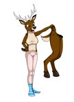 anthro antlers biped black_ear_tips black_nose blue_eyes bottomwear breasts brown_body clothing countershade_fur countershade_neck countershade_tail countershade_torso countershading digitigrade dipstick_ears ear_markings facial_markings female footwear footwear_only front_view fur genitals hand_on_hip hand_on_own_hip head_markings holding_clothing holding_object hooves horn human_to_anthro humanoid_genitalia humanoid_pussy markings mid_transformation mostly_nude multicolored_ears nipples_through_clothes open_mouth open_smile plantigrade pussy simple_background skirt smile snout snout_markings socks socks_only solo species_transformation split_form standing suit_transformation tail transformation white_background white_body white_bottomwear white_clothing white_countershading white_inner_ear white_skin fox0808 lacy_(fox0808) deer human mammal 2010 colored hi_res shaded