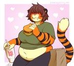 anthro beverage big_breasts black_body black_fur black_tail blush breasts brown_hair burger clothed clothing eating female fingers food fur hair hair_over_eyes heart_symbol leggings legwear markings midriff multicolored_body multicolored_fur multicolored_tail navel orange_body orange_fur orange_tail overweight overweight_anthro overweight_female shirt sitting solo striped_body striped_fur striped_markings striped_tail stripes t-shirt tail tail_markings thick_thighs topwear white_body white_fur white_tail fiercedeitylynx luca_(fiercedeitylynx) felid mammal prehistoric_species saber-toothed_tiger 2025 absurd_res artist_name hi_res signature