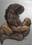 anthro blonde_hair bodily_fluids cum drooling duo erection fangs genital_fluids genitals gradient_background grey_background hair humanoid_genitalia humanoid_penis interspecies male male/male messy muscular muscular_male muscular_top orgasm penis saliva simple_background teeth textured_background kupopo mythology wolfman canid canine canis human mammal mythological_canine mythological_creature werecanid werecanine werecreature werewolf wolf hi_res