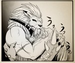 bone duo ear_piercing horn hug male mane piercing scar skull spikes tattoo vein veiny_muscles glowingraver bandai_namco digimon digimon_(species) leomon ogremon monochrome