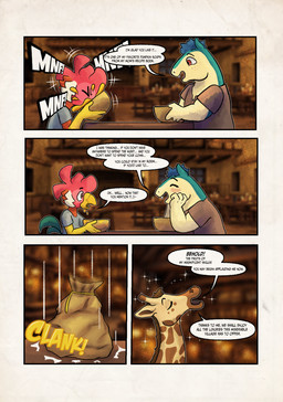anthro clothed clothing dialogue group male text trio zaryuzu_73 nintendo pokemon avian bird chicken galliform generation_2_pokemon giraffe giraffid mammal phasianid pokemon_(species) typhlosion comic digital_media_(artwork) english_text hi_res