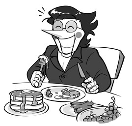 big_nose black_hair blush breakfast butter chair cutlery dairy_products eyes_closed eyewear food fork fruit furniture glasses grape hair kitchen_utensils knife machine male meat pancake plant sausage smoking_jacket solo table teeth tools white_body colliholly deltarune undertale_(series) spamton_g._spamton darkner humanoid living_puppet robot robot_humanoid hi_res monochrome