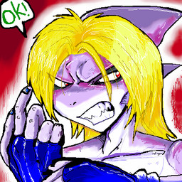 angry anthro beckoning blonde_hair clothing fingerless_gloves frown gesture gloves hair handwear male purple_body purple_skin red_background red_eyes scowl simple_background solo speech_bubble gunner_double_one shauro_the_shark aquatic fish shark 1:1 bust_portrait digital_media_(artwork) icon low_res oekaki portrait source_request
