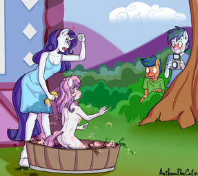 1_horn 5_fingers angry anthro anthrofied bathing bathing_another biped blue_clothing blue_dress blue_eyes blue_hair blue_shirt blue_sky blue_topwear blush breasts building butt camera cleavage clothed clothed_anthro clothed_female clothed_male clothing cloud cross-popping_vein day dress eyebrows eyelashes female fingers fist flat_chested fur green_clothing green_eyes green_shirt green_topwear grin group hair holding_camera holding_object hooves horn house humanoid_hands leaning leaning_forward loli long_hair looking_at_another male medium_breasts mountain nude nude_anthro nude_female open_mouth orange_hair outside partially_submerged peeping pink_hair pink_tail plant public pupils purple_hair purple_tail shaking_fist shirt short_hair shrub sky smile snout standing tail teeth topwear tree two_tone_tail unguligrade unicorn_horn washtub water wet wet_clothing wet_dress wet_hair white_body white_fur white_hooves white_horn wide_eyed young young_anthro young_female anibaruthecat friendship_is_magic hasbro my_little_pony mythology first_base_(mlp) rarity_(mlp) shady_daze_(mlp) sweetie_belle_(mlp) earth_pony equid equine horse mammal mythological_creature mythological_equine pony unicorn 2025 absurd_res digital_media_(artwork) hi_res signature sibling_(lore) sister_(lore) sisters_(lore)