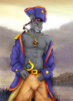 abs anthro bulge clothing fur grey_body grey_fur head_tilt headgear headwear jewelry male muscular muscular_male necklace pecs pendant pirate sailor solo undressing unknown_artist captain_claw domestic_cat felid feline felis mammal