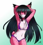 anthro arms_above_head bikini black_hair breasts clothing collar female fur hair long_hair looking_at_viewer markings navel nipples red_eyes simple_background smile solo spots spotted_body spotted_fur swimwear two-piece_swimsuit oyashirothr43 felid feline lynx mammal yuna_(disambiguation) hi_res