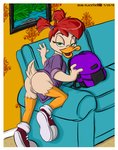 anthro backpack bedroom_eyes clothed clothing detailed_background female furniture looking_at_viewer narrowed_eyes seductive sofa solo text toony young young_anthro sean_blackthorne darkwing_duck disney ducktales gosalyn_mallard anatid anseriform avian bird duck 2013 adopted_(lore)