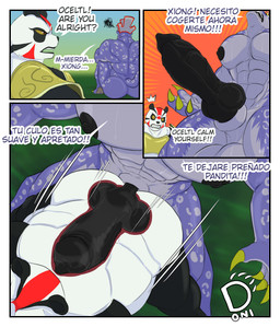 2_tone_body abs animal_genitalia anthro armor back_muscles balls black_penis bodily_fluids body_pattern bubble_butt butt canine_genitalia claws corruption crown dialogue duo frustrated genitals glowing glowing_eyes headgear internal knot knotted_penis male male/male male_penetrated male_penetrating male_penetrating_male markings motion_lines musclegut muscular nipples penetration penile penile_penetration penis questionable_consent sex sheath surprised sweat sweatdrop tail text vein veiny_penis donisette invizimals xiong_mao_(invizimals) bear felid feline giant_panda invizimal_(species) leopardus mammal ocelot ocelotl absurd_res comic english_text hi_res spanish_text translated