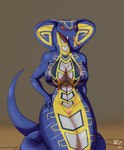 anthro apode big_breasts blue_body breasts fangs female forked_tongue genitals hand_on_hip legless looking_at_viewer markings non-mammal_breasts nude pussy red_eyes serpentine snake_eyes snake_hood solo tail teeth tongue nitriumzigma lego ninjago skales_(ninjago) cobra draconcopode hypnobrai naga reptile scalie serpentine_(ninjago) snake hi_res