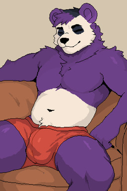 anthro boxers_(clothing) bulge clothed clothing detailed_bulge eyes_closed furniture hair male neck_tuft nude on_sofa purple_body red_boxers red_clothing red_underwear sitting sitting_on_sofa smile sofa solo tuft underwear underwear_only pixelbear panfluff_(panfluff) bear giant_panda mammal 2:3 absurd_res hi_res