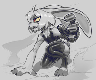 3_toes 4_fingers action_pose action_scene ahoge angry anthro arm_tuft bangs bent_legs black_clothing black_legwear black_shirt black_tank_top black_thigh_highs black_topwear buckteeth chest_tuft claws clothing cybernetic_arm cybernetic_limb cyberpunk dust dust_cloud eyebrows feet female female_anthro fingers flat_chested glistening_thighs grey_background hair hand_on_ground legwear long_ears nub_tail open_mouth pose red_eyes shirt short_hair shoulder_tuft side_bangs simple_background tank_top teeth thigh_highs toes topwear tuft yellow_sclera w4g4 clover_(polygoncherub) lagomorph leporid mammal rabbit robot_anthro 2026 colored detailed digital_drawing_(artwork) digital_media_(artwork) full-length_portrait hi_res monochrome portrait shaded sketch