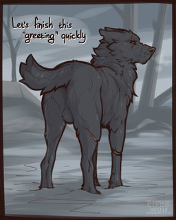 balls black_body black_fur black_tail butt feral fur genitals looking_at_viewer male male_feral outside plant rear_view scar solo standing tail text tree clyde_wolf grom_(character) canid canine canis mammal wolf 2026 4:5 digital_drawing_(artwork) digital_media_(artwork) english_text hi_res