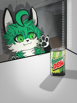 against_surface anthro appliance beverage beverage_can black_arms black_claws black_pawpads claws cowlick fridge fur green_body green_eyes green_face green_fur hair kitchen_appliance male night on_glass pawpads solo white_body white_fur requiempurepaws mountain_dew requiem_purepaws canid canine fox mammal 3:4 absurd_res digital_media_(artwork) hi_res shaded