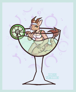 accessory anthro border breasts brown_body brown_scales clothing container female food fruit glass glass_container green_border green_eyes headband horn in_container kneeling lime lime_slice looking_at_viewer margarita narrowed_eyes navel non-mammal_breasts partially_submerged pattern_background pink_background plant scales simple_background solo swimwear tail tan_body tan_scales text two-piece_swimsuit white_body white_scales hibeau mythology mirah dragon mythological_creature mythological_scalie scalie artist_name hi_res