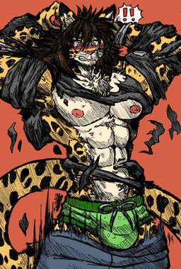 abs anthro athletic biceps big_muscles blonde_hair blue_eyes bottomwear brown_body brown_fur bulge clothed clothing denim denim_bottomwear denim_clothing fangs fur hair handwear heterochromia jeans male manly markings muscular muscular_anthro muscular_male navel nipples open_bottomwear open_clothing orange_eyes pants pecs pose shorts simple_background solo spots standing tan_body tan_fur teeth text thick_thighs tongue topless topwear torn_clothing torn_topwear underwear vein whiskers jwbash felid feline felis jaguar mammal pantherine absurd_res hatching_(art) hi_res shaded