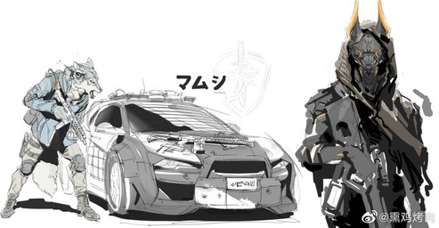 anthro armor armored_vehicle backpack belt biped blue_clothing blue_jacket blue_topwear boots bottomwear car clothed clothing coat combat_boots earpiece fangs footwear fur grey_body grey_fur gun handgun headgear holding_gun holding_object holding_ranged_weapon holding_rifle holding_weapon holster holstered_pistol hooded_cloak hoodie jacket knee_pads logo long_ears long_pants looking_at_viewer machine male mask military multicolored_body multicolored_fur open_mouth pants pistol police police_car police_vehicle power_armor ranged_weapon rifle science_fiction scope shirt shoes simple_background solo standing tactical_gear tail teeth text topwear two_tone_body two_tone_fur vehicle weapon white_body white_fur yellow_eyes yoshi.kaoru anubian_jackal canid canine canis jackal mammal wolf hi_res japanese_text monochrome sketch