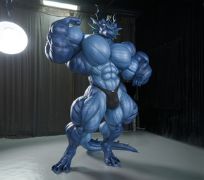 anthro big_muscles bulge clothed clothing flexing huge_muscles hyper hyper_muscles inside male muscular muscular_male photo_shoot solo striated_muscles thong thong_only topless underwear underwear_only anyveon mythology dragon mythological_creature mythological_scalie scalie 3d_(artwork) digital_media_(artwork) hi_res