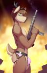 anthro antlers biped brown_body brown_fur brown_hair bulge butt clothed clothing cool_guys_don't_look_at_explosions countershading explosion fire fur grin gun hair horn jockstrap jockstrap_only looking_at_viewer male mostly_nude multicolored_body multicolored_fur pose ranged_weapon short_hair side_profile side_view slim smile solo standing topless underwear underwear_only weapon slyus sigma_x_(character) deer mammal pinup portrait three-quarter_portrait