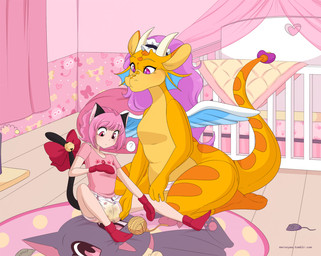 anthro ball_of_yarn bean_bag bodily_fluids bow_accessory cat_toy clothed clothing crib curtains detailed_background diaper diaper_check genital_fluids hair holding_pacifier orange_body pacifier pink_clothing pink_hair pink_room pouch_(anatomy) question_mark rug text touching_diaper unclean_diaper urine used_diaper wearing_diaper wet_diaper wings yarn merunyaa mythology dragon felid feline humanoid mammal mythological_creature mythological_scalie scalie hi_res url