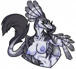 anthro black_body black_claws black_feathers blue_nipples breasts claws feather_hair feathers female green_eyes grey_arms grey_body grey_feathers grey_scales half-closed_eyes looking_at_viewer markings multicolored_body multicolored_scales narrowed_eyes natural nipples non-mammal_breasts pose pseudo_hair pupils scales seductive simple_background slit_pupils solo teeth white_background white_body white_feathers white_scales misericorde ackie dinosaur dromaeosaurid feathered_dinosaur feathered_scalie prehistoric_species reptile scalie theropod velociraptor 2017 bust_portrait portrait