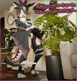 4_toes anthro blue_eyes bodily_fluids breasts clothed clothing clothing_around_one_leg clothing_lift dialogue feet female furniture genital_fluids genitals horn inside maid_uniform onomatopoeia panties panties_around_one_leg panties_down partially_clothed peeing peeing_on_plant plant plant_pot solo sound_effects standing tail text toes underwear underwear_around_one_leg underwear_down uniform urine urine_on_ground urine_pool vulva watersports potatotime lizzyglizzy_(modeler) mythology yu-gi-oh! dragonmaid_sheou dragon dragonmaid_(yu-gi-oh!) duel_monster mythological_creature mythological_scalie scalie 3d_(artwork) blender_(artwork) digital_media_(artwork) hi_res watermark