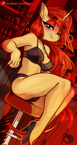 anthro bar bar_stool blush bra clothing eyebrows female fingers footwear furniture high_heels horn nipples one_eye_closed panties purple_eyes shoes solo stool tail underwear nevobaster hasbro my_little_pony mythology fan_character equid equine mammal mythological_creature mythological_equine unicorn 2026 absurd_res digital_media_(artwork) hi_res