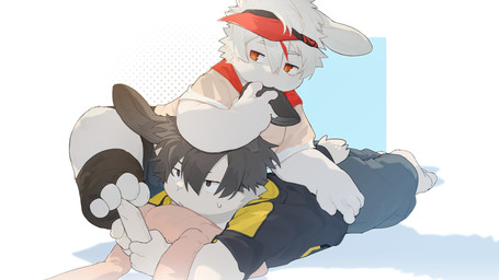adolescent anthro clothing duo ear_nibble lying male pattern_background simple_background young young_anthro young_male mrshu lagomorph leporid mammal rabbit 16:9 2024 4k absurd_res hi_res widescreen