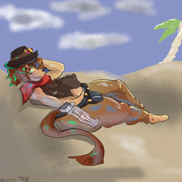 anthro big_breasts big_butt breasts brown_hair butt clothed clothed_anthro clothed_female clothing cowboy_outfit female female_anthro gun gun_arm hair handgun huge_breasts huge_butt nipple_outline ranged_weapon revolver solo thick_thighs weapon weapon_arm wide_hips wasabiiitornado gameoverse glitch_productions kit_bodega felid mammal 1:1 2026 hi_res